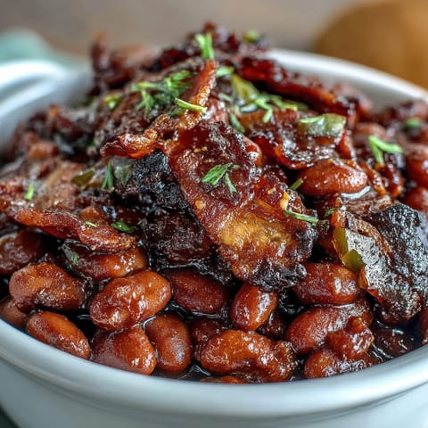 A skillet of sweet and smoky baked beans with crispy bacon, perfect for summer barbecues.