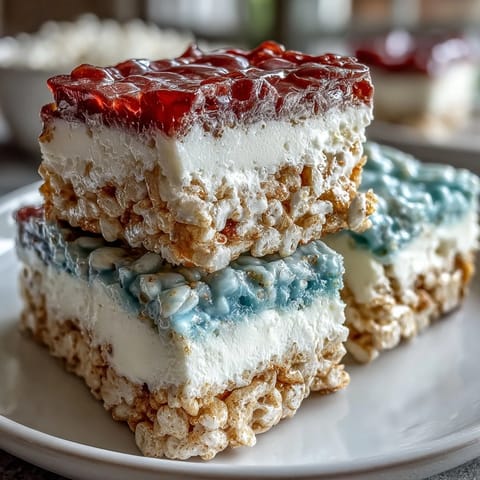 Vibrant red, white, and blue Rice Krispies treats perfect for Fourth of July celebrations.