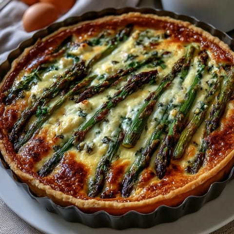 Elegant asparagus and Brie quiche with a flaky golden crust, perfect for a festive Mother's Day brunch.  