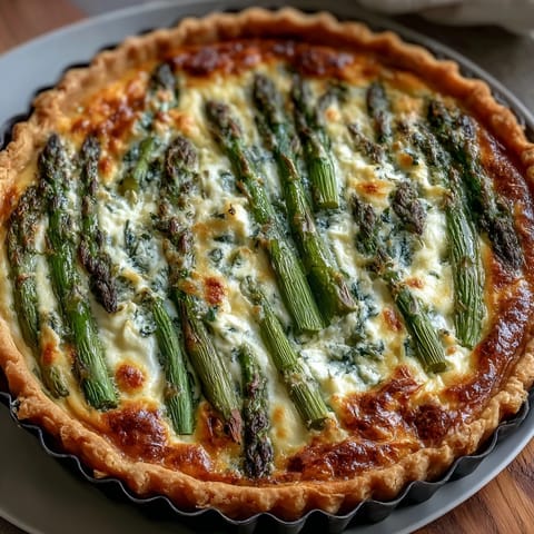 Creamy quiche with tender asparagus and melted Brie, baked until golden and ready to slice.  
