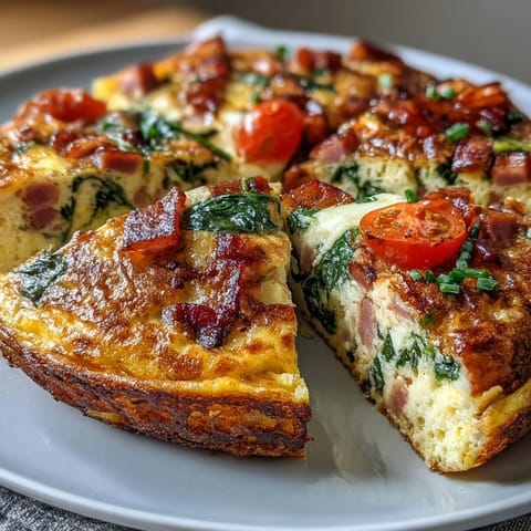 One-Pan Ham and Swiss Frittata with golden eggs, melted Swiss cheese, and savory ham.  