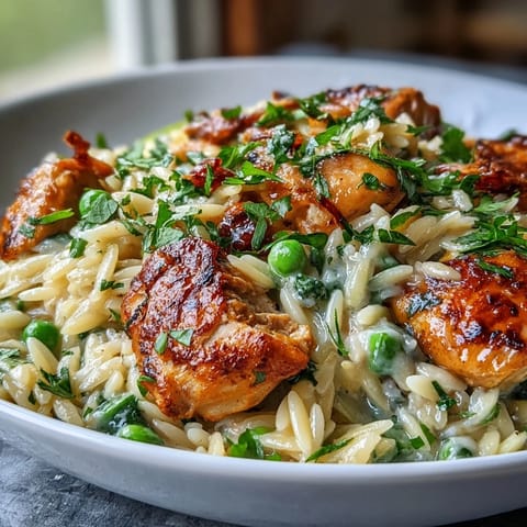 Creamy One-Pot Lemon Orzo with Chicken and Peas in a golden skillet, garnished with fresh parsley and lemon zest.