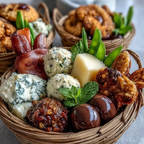 Spring Charcuterie: Mini Easter Basket Treat Board features colorful cheeses, meats, fruits, and sweets arranged in festive mini basket shapes.