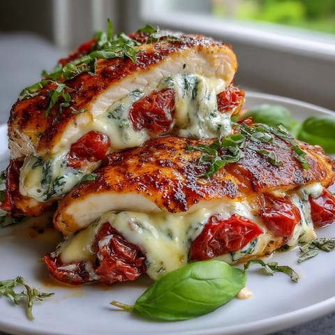 Caprese stuffed chicken breast with melted mozzarella, ripe tomatoes, and fresh basil, baked until golden and juicy.