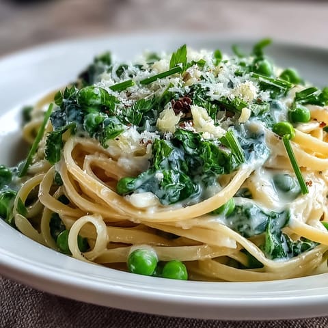 Vibrant spring pasta with lemon cream sauce and peas, served with fresh spinach and chives in a creamy, bright dish.