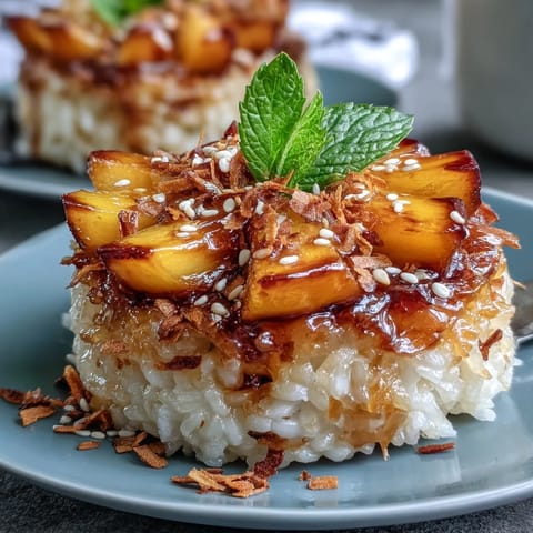 Individual Mango Sticky Rice Cups, a sweet Thai dessert adorned with fresh, vibrant mango.