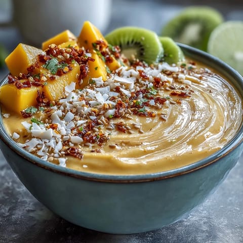 Vibrant mango chili lime smoothie bowl topped with fresh fruit and granola.
