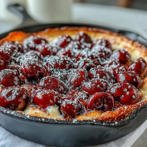 Juicy fresh cherry clafoutis, golden and bubbly, dusted with powdered sugar.
