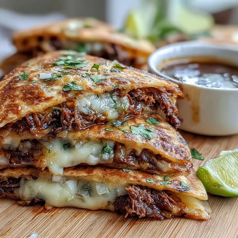 Cheesy Cinco de Mayo Birria Quesadillas with rich consommé dip and garnishes.
