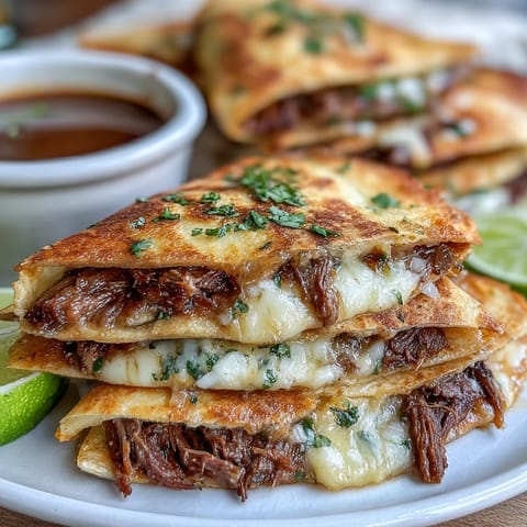 Golden-brown birria quesadillas, perfect for dipping in savory, spicy broth.