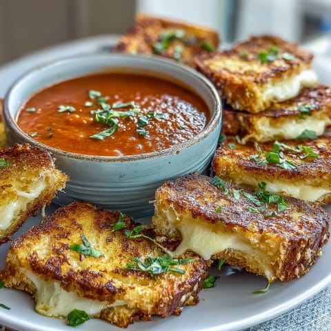 Golden mini grilled cheese dippers alongside steaming tomato soup beckon a cozy meal.