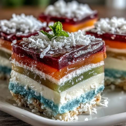 Showcases layered fruit flavors of this stunning Agar-Agar Rainbow Jelly Cake.