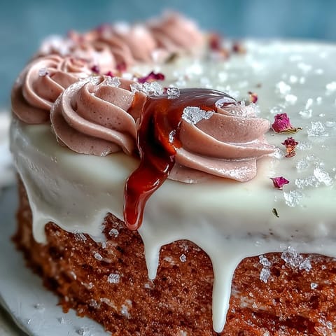 Luscious pink velvet cake swirled with rosé, perfect for celebrations, boasting gold drip.