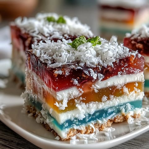 Vibrant Agar-Agar Rainbow Jelly Cake glistens with creamy coconut topping.