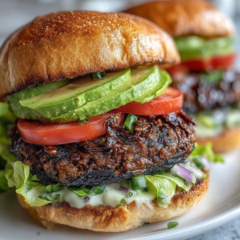 Juicy grilled portobello mushroom burgers with creamy avocado and fresh toppings.