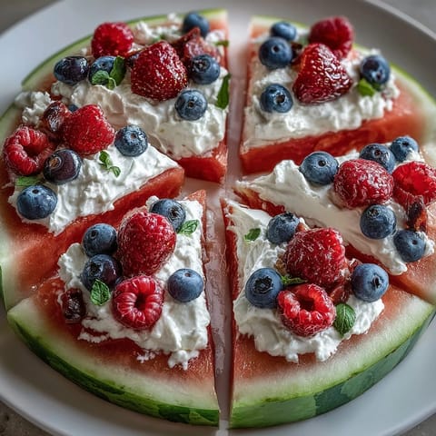 Festive 4th of July Watermelon Pizza topped with creamy frosting and vibrant berries.