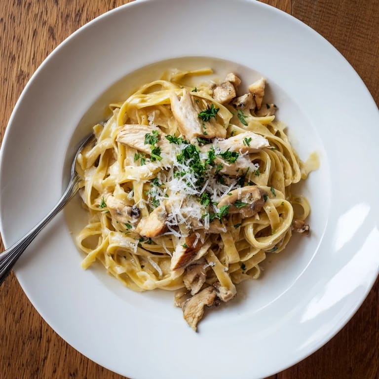 Close-up of a fork lifting cheesy fettuccine Alfredo from a skillet, steam rising, with extra grated Parmesan and black pepper nearby.
