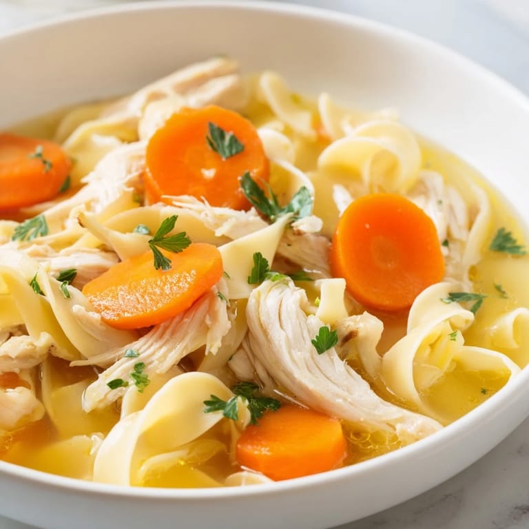 Classic American Chicken Noodle Soup featuring carrots, celery, and savory broth, perfect for a cozy family dinner.