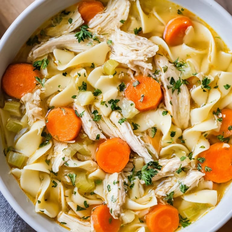 Close-up of comforting Chicken Noodle Soup showing juicy chicken pieces and vegetables in a light, flavorful broth.