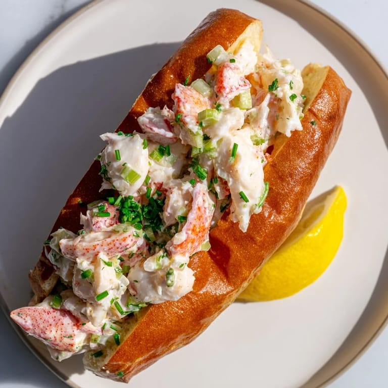 A classic split-top bun showcasing succulent lobster salad served warm with melted butter.