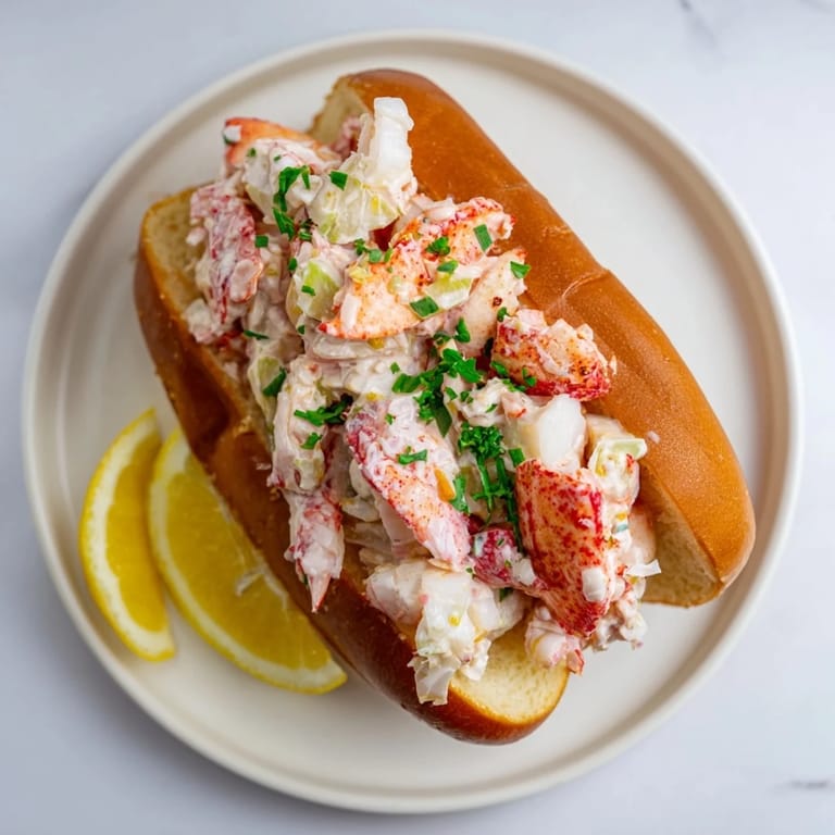 Restaurant-style New England Lobster Roll garnished with parsley, lemon wedges, and kettle chips on the side.