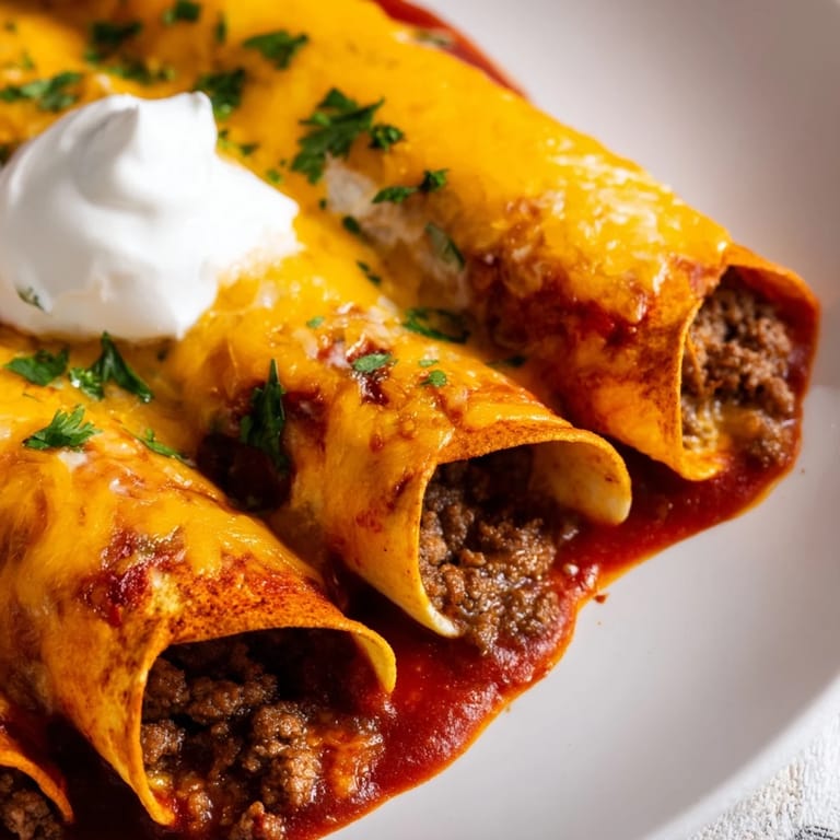 Golden-brown Beef Enchiladas topped with cilantro and sour cream on a rustic wooden table.