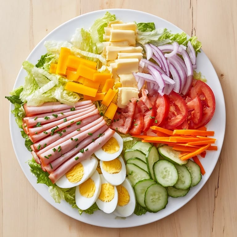Overhead view of a hearty Chef Salad served on a platter, featuring colorful rows of meats, cheeses, quartered eggs, tomatoes, cucumbers, and onions with dressing on the side.