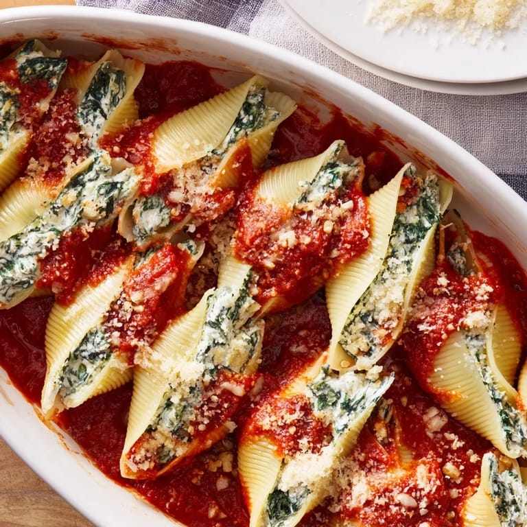Steaming Stuffed Shells in a ceramic baking dish, smothered in rich tomato sauce and melting Parmesan cheese.
