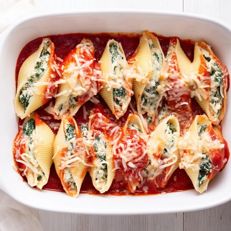 Hearty Stuffed Shells plated for dinner, garnished with basil and served alongside a crisp green garden salad.