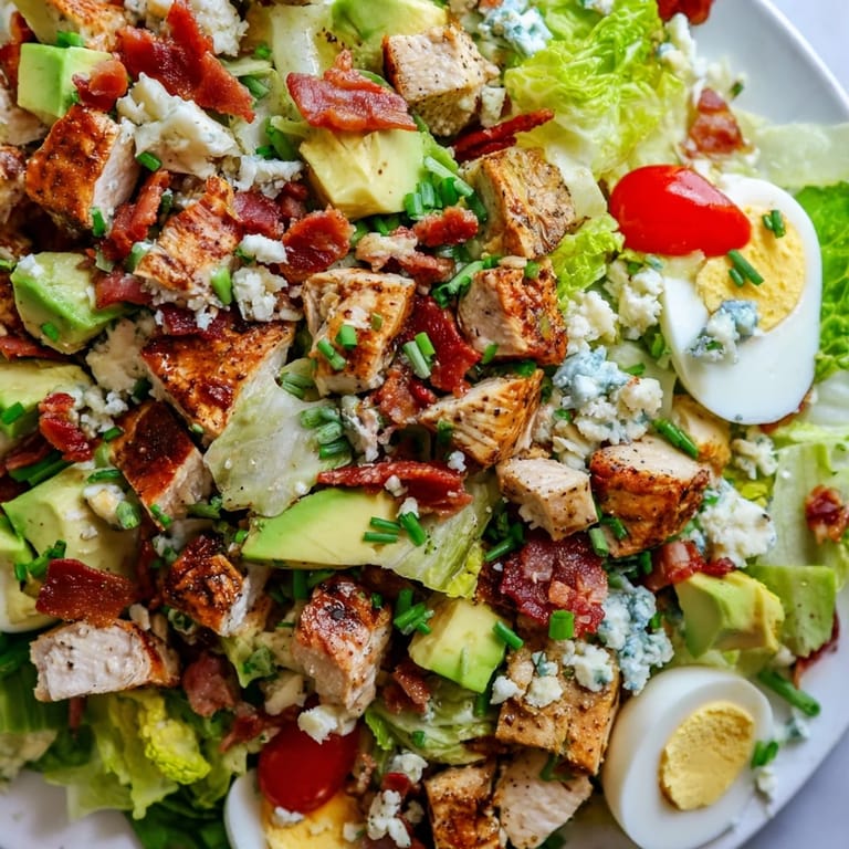 Colorful Cobb Salad with diced tomatoes, blue cheese crumbles, and fresh chives served on a rustic platter.