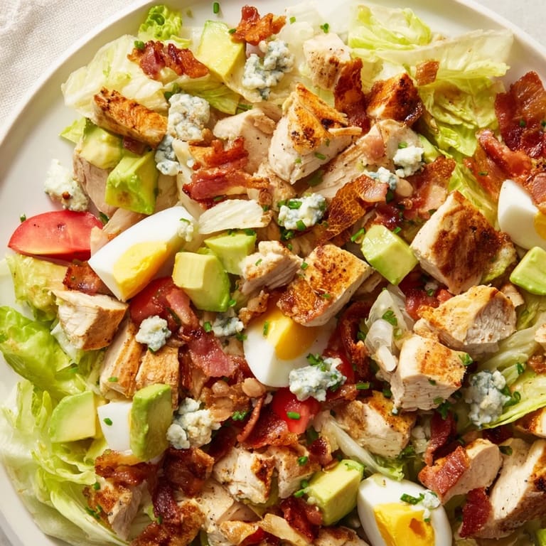 Classic Cobb Salad arranged with vibrant greens, tender chicken, smoky bacon, and rich avocado, ready for a satisfying lunch.
