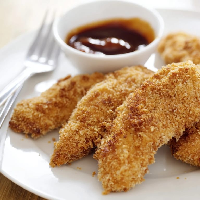Perfectly cooked Chicken Tenders with a crunchy panko coating, ready for a family dinner.