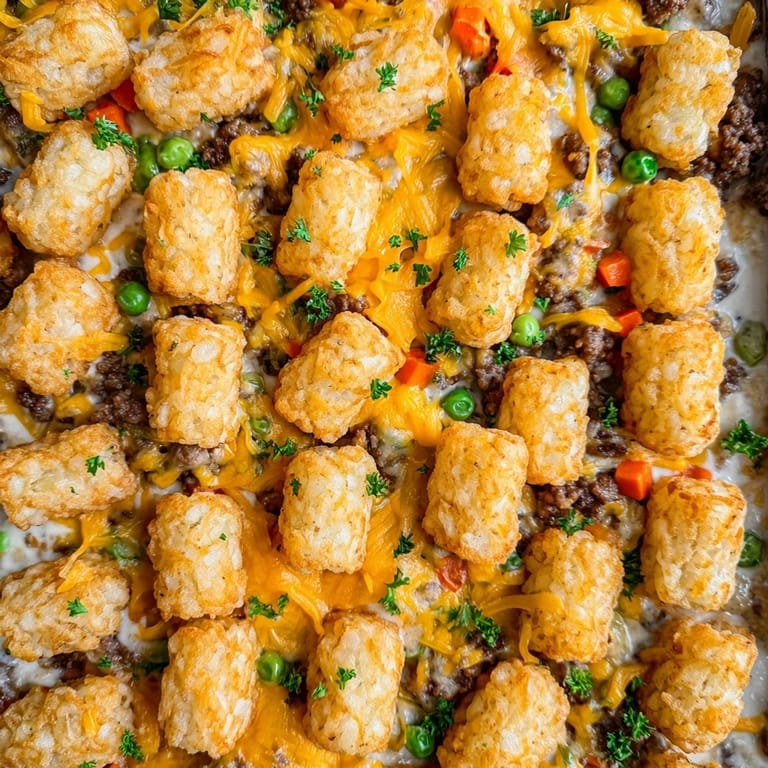 Ground beef and vegetable filling in tater tot casserole, garnished with fresh parsley.