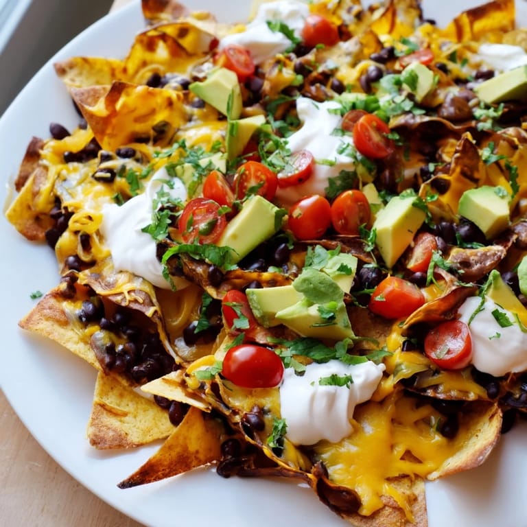 Fresh diced tomatoes, red onion, and cilantro garnish these oven-baked nachos, served alongside creamy sour cream and salsa.