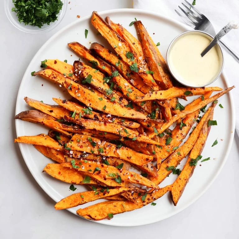 Freshly baked Sweet Potato Fries with chopped parsley and creamy aioli dipping sauce on the side.