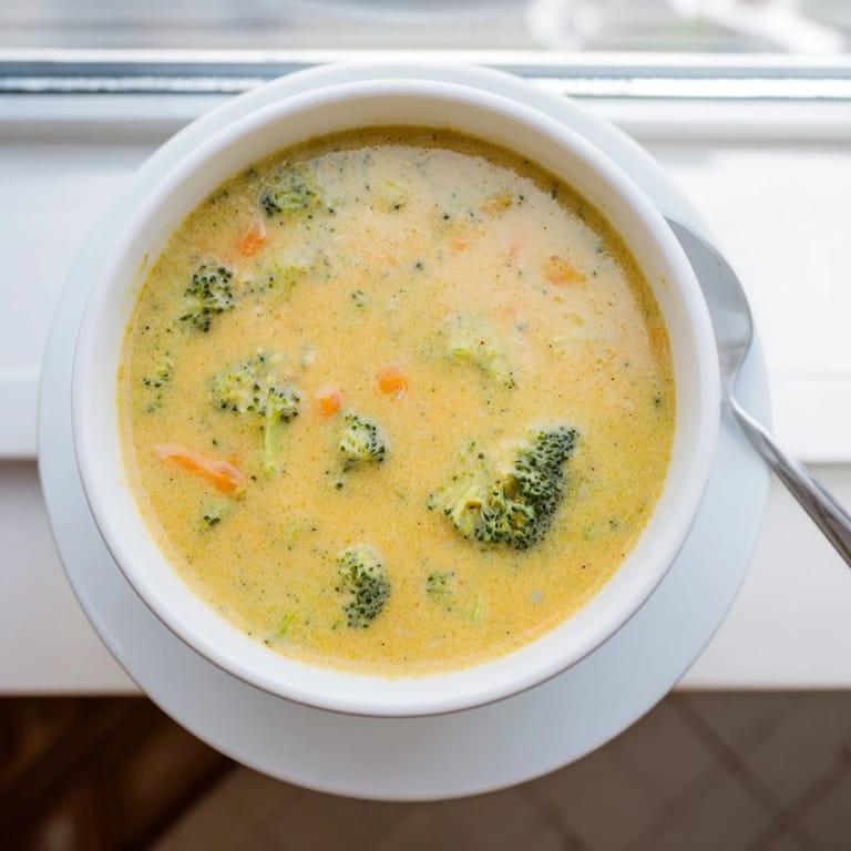 A comforting pot of Broccoli Cheese Soup, steam rising from the rich, cheesy, veggie-packed bowl.