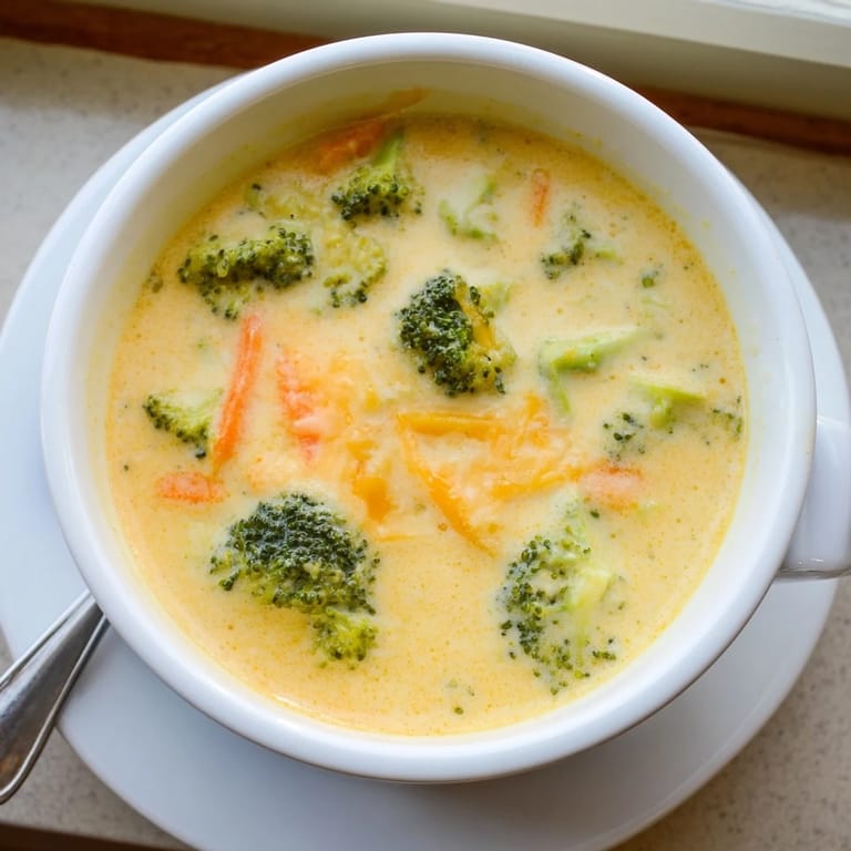 Thick, velvety Broccoli Cheese Soup with tender broccoli florets and melted cheddar, ready to serve with crusty bread.