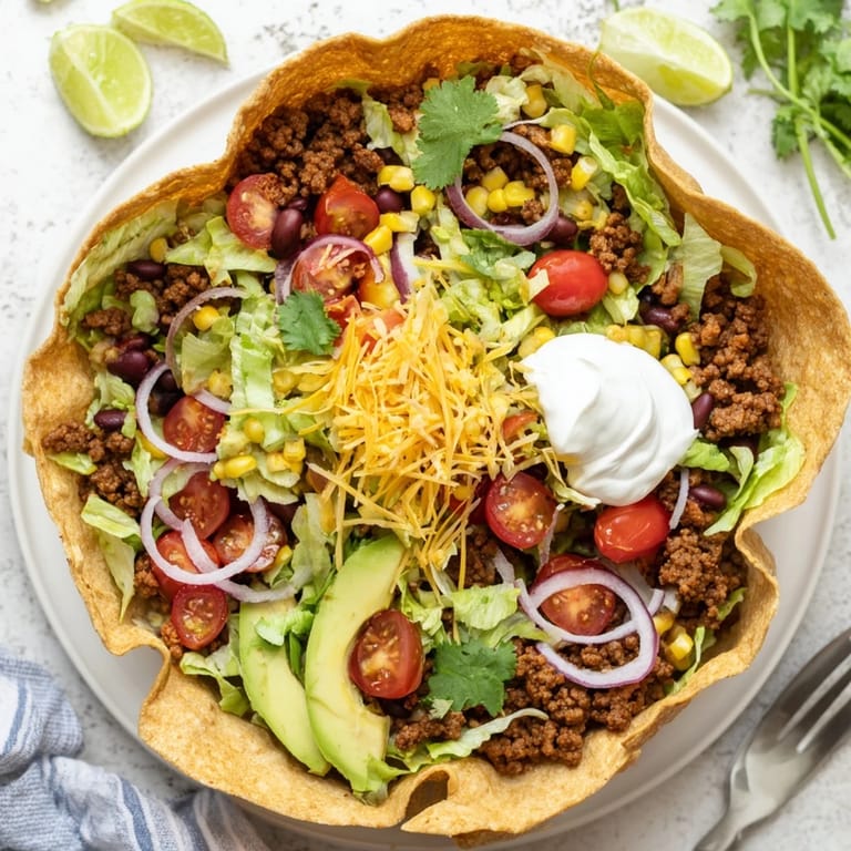 Fresh Taco Salad garnished with avocado and cilantro, served with zesty lime wedges.