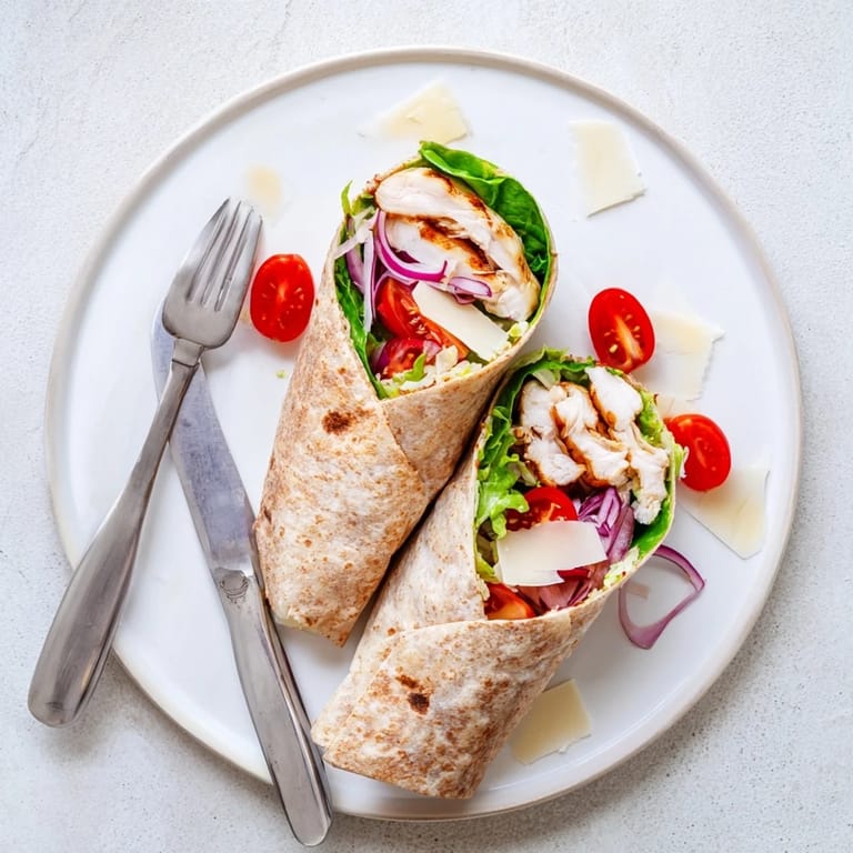 A close-up of a cut Chicken Caesar Wrap shows tender chicken and fresh romaine, with creamy Caesar dressing drizzled over shaved Parmesan for a satisfying lunch.