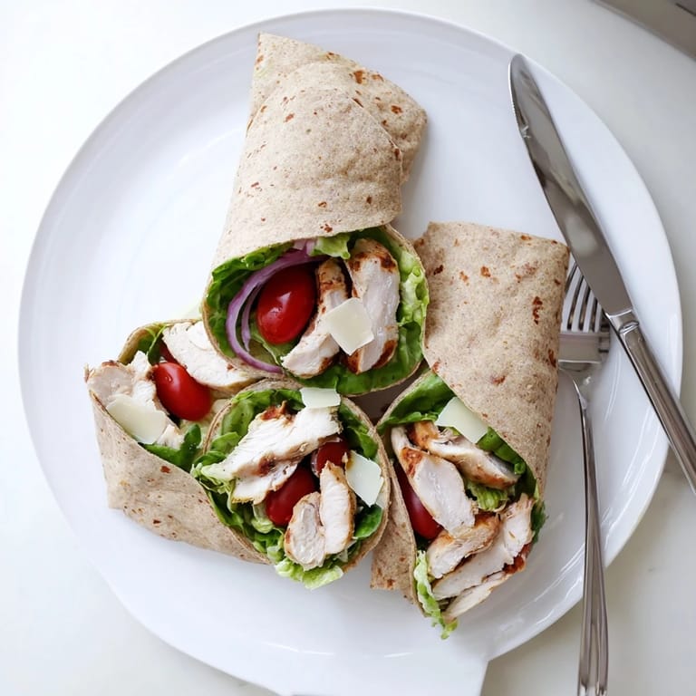 Freshly rolled Chicken Caesar Wrap with juicy grilled chicken, shaved Parmesan, and crisp romaine lettuce, cut in half to reveal the colorful, creamy Caesar filling.