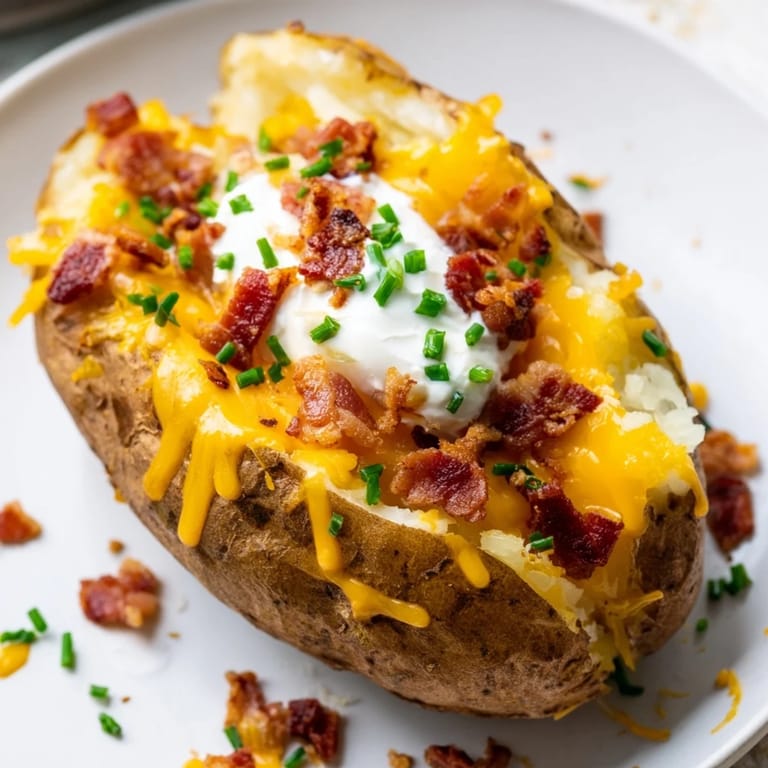 Golden-brown Loaded Baked Potato with fluffy interior loaded with butter and sour cream, topped with melted cheese, bacon, and fresh chives.