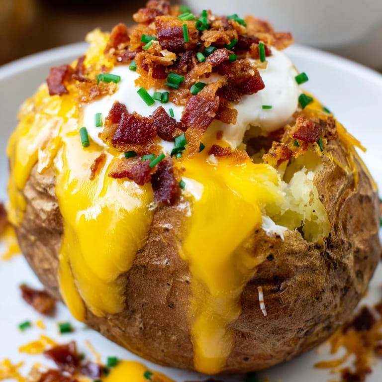 Close-up of a Loaded Baked Potato served hot on a plate, garnished with green chives and savory bacon bits, perfect for dinner.