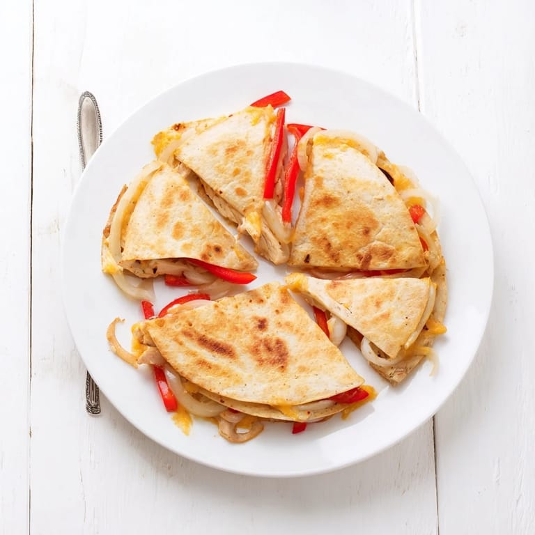 Freshly prepared Chicken Quesadilla sliced into triangular wedges revealing layers of juicy chicken and colorful peppers inside.