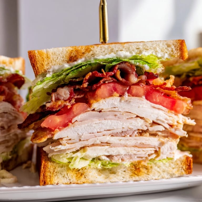 A freshly prepared Turkey Club Sandwich cut into quarters, served on a plate with pickle spears for a classic lunch.