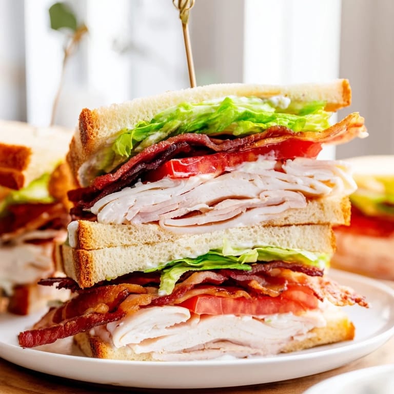 Close-up view of a hearty Turkey Club Sandwich showing stacked turkey slices, crispy bacon, and fresh lettuce and tomato.