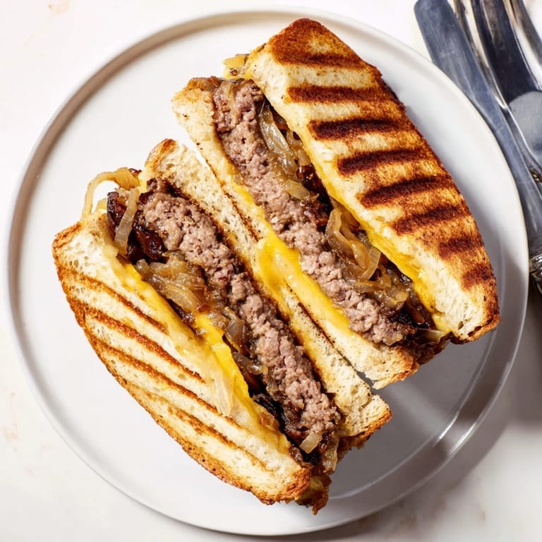 Freshly prepared American diner-style Patty Melt served with pickles, showcasing crispy bread and rich caramelized onions.