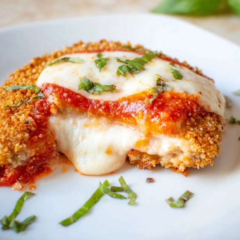 Tender, crispy breaded eggplant rounds sit atop a hearty tomato sauce, covered with melted cheese in this Eggplant Parmesan.