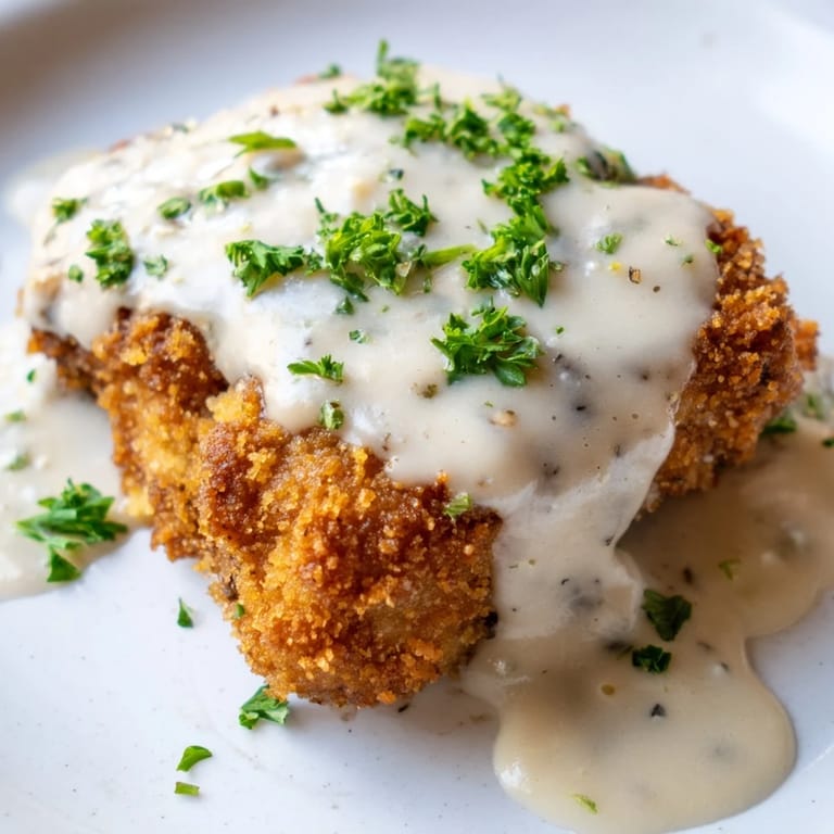 Southern-style Chicken Fried Steak with peppery white gravy, fork tender and golden.