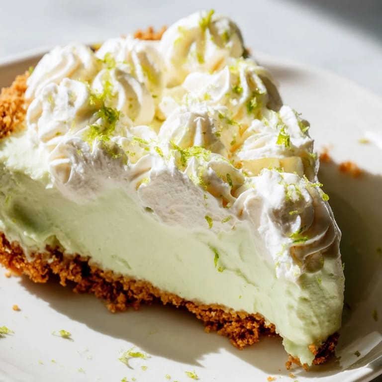 Chilled Key Lime Pie topped with fluffy whipped cream and lime zest, ready to serve.