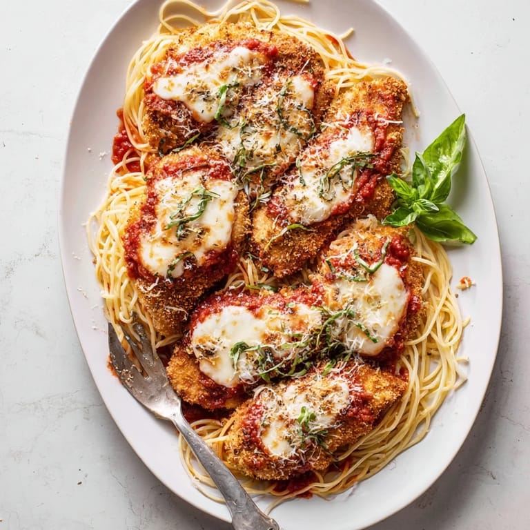 Italian-American Chicken Parmesan plated with pasta, showing golden crust, tomato sauce, and melted cheese after a 400°F bake.